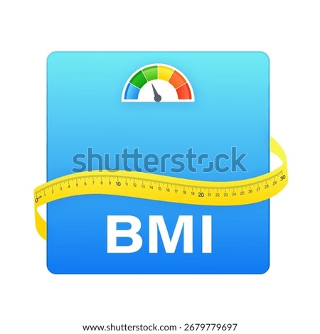 BMI calculator measuring body mass index with colorful gauge and measuring tape