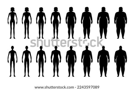 BMI classification chart measurement man and woman black icon set. Male and female Body Mass Index symbol collection from underweight to overweight. Person weight different levels. Vector eps symbols