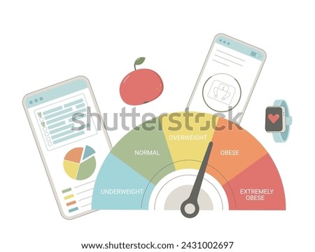 BMI concept. Body mass index and weigh loss method with technology. Pulse and calories count. Vector flat illustration.