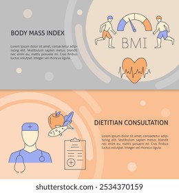 BMI e modelos de banner nutricional com lugar para texto. Ilustração vetorial.