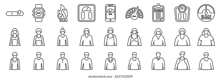 BMI icons set. Diverse set of line icons representing bmi, weight management, healthy habits, fitness tracking, and diverse body types