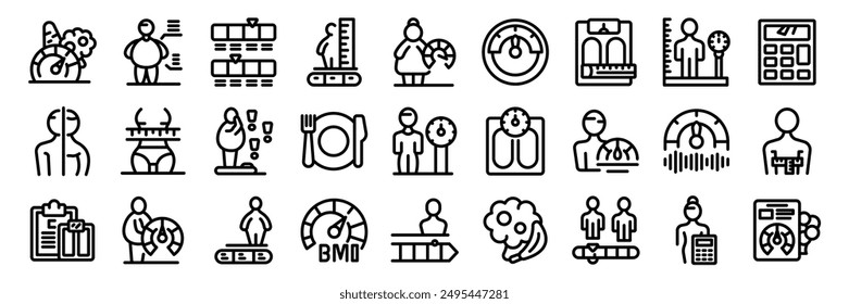 BMI icons set. People are using different tools for measuring their body mass index, including scales, calculators, and measuring tapes