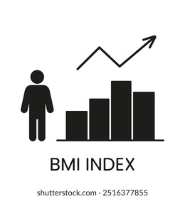 BMI Index with Bar Graph and Arrow Silhouette Icon. Weight Management and Health Analysis. Body Mass Index Glyph Pictogram. Isolated Vector Illustration.