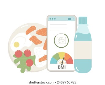 BMI and weight control application and healthy eating habit. Body mass index and counting calories on phone isolated on white background. Vector flat illustration.