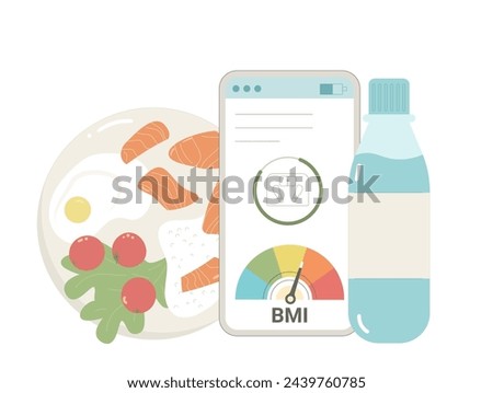 BMI and weight control application and healthy eating habit. Body mass index and counting calories on phone isolated on white background. Vector flat illustration.