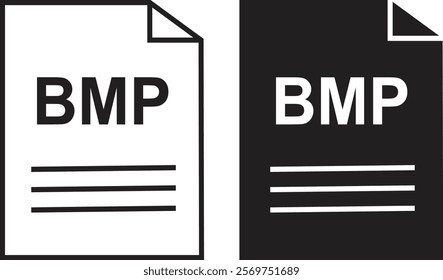 BMP file icon set. BMP file type symbol. File BMP format icon in black filled and outlined style isolated on transparent background. Ideal for technology or data related content, vector illustration.