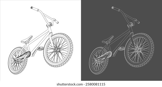 BMX bicycle line drawing with White frame in Perspective view isolated on white  background