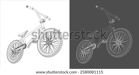 BMX bicycle line drawing with White frame in Perspective view isolated on white  background