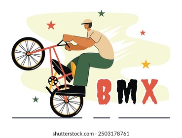 BMX Bicycle Sport Vector Illustration featuring a Man Performing Extreme Stunts, such as Jumping or Standing, in a Flat Style Cartoon Background