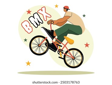 BMX Bicycle Sport Vector Illustration featuring a Man Performing Extreme Stunts, such as Jumping or Standing, in a Flat Style Cartoon Background