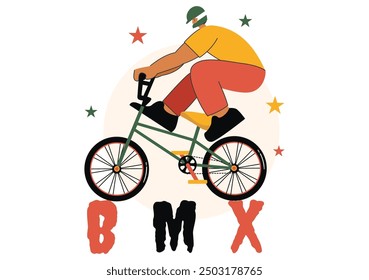 BMX Bicycle Sport Vector Illustration featuring a Man Performing Extreme Stunts, such as Jumping or Standing, in a Flat Style Cartoon Background