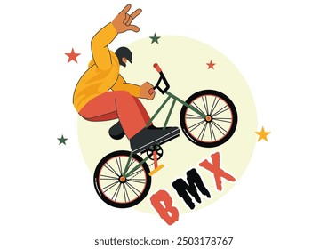 BMX Bicycle Sport Vector Illustration featuring a Man Performing Extreme Stunts, such as Jumping or Standing, in a Flat Style Cartoon Background