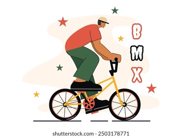 BMX Bicycle Sport Vector Illustration featuring a Man Performing Extreme Stunts, such as Jumping or Standing, in a Flat Style Cartoon Background