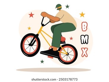 BMX Bicycle Sport Vector Illustration featuring a Man Performing Extreme Stunts, such as Jumping or Standing, in a Flat Style Cartoon Background