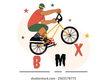 BMX Bicycle Sport Vector Illustration featuring a Man Performing Extreme Stunts, such as Jumping or Standing, in a Flat Style Cartoon Background