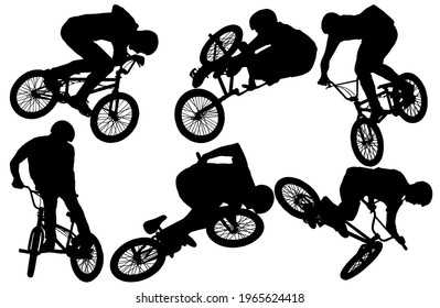 BMX bicyclist silhouettes in black on white background 