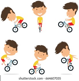 BMX Bike Rider Boy.  Bicycle activity: cycling, jumping, tricks. Extreme sport racer vector flat style illustration
