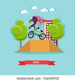 BMX cyclist performing stunt in the skatepark on the street. Guy doing a tail whip at ramp. Extreme sport. Flat design vector illustration