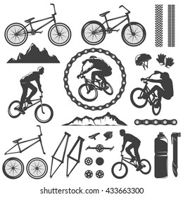 BMX decorative graphic icons set with bike bicyclist chain frame pedal rock track helmet isolated vector illustration