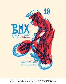 bmx extreme bicycle tricks - grungy vintage typography t-shirt print