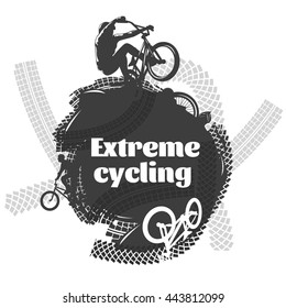BMX extreme cycling design with  bicyclists black and grey traces around of white inscription vector illustration 
