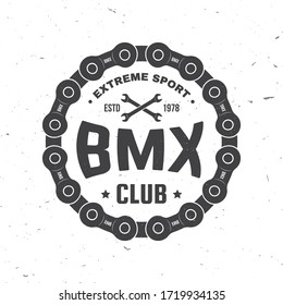 Bmx extreme sport club badge. Vector illustration. Concept for shirt, logo, print, stamp, tee with sprocket, chain. Vintage typography design with bmx sprocket and chain silhouette.