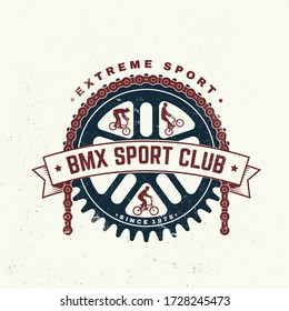 Bmx extreme sport club badge, t-shirt. Vector illustration. Concept for shirt, logo, print, stamp, tee with sprocket, chain. Vintage typography design with bmx cyclist, bmx sprocket and chain silhouet