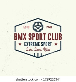 Bmx extreme sport club badge, t-shirt. Vector illustration. Concept for shirt, logo, print, stamp, tee with frames, chain. Vintage typography design with bmx frames, sprocket silhouette.