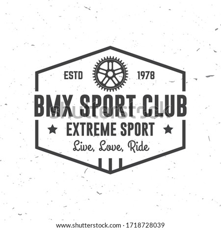 Bmx extreme sport club badge. Vector illustration. Concept for shirt, logo, print, stamp, tee with frames, chain. Vintage typography design with bmx frames, sprocket silhouette.