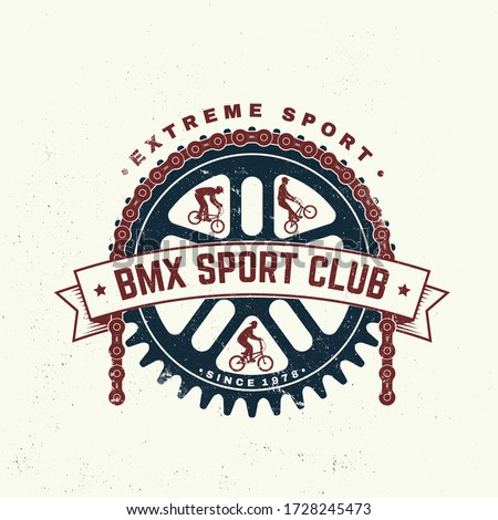 Bmx extreme sport club badge, t-shirt. Vector illustration. Concept for shirt, logo, print, stamp, tee with sprocket, chain. Vintage typography design with bmx cyclist, bmx sprocket and chain silhouet