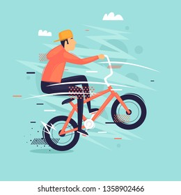 Bmx. Guy does the trick on the bike. Sport, freestyle. Flat design vector illustration.