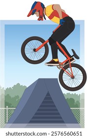 bmx motocross extreme sport, freestyle male cyclist in mid air jumping over ramp with an outdoor sky background