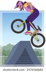 bmx motocross extreme sport, freestyle female cyclist in mid air jumping over ramp with an outdoor sky background