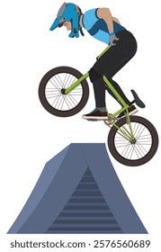 bmx motocross extreme sport, freestyle male cyclist in mid air jumping over ramp isolated on a white background