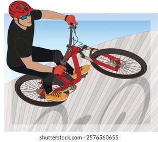 bmx motocross extreme sport, mountain trials male cyclist riding along a steep wooden bank with a sky background