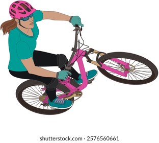 bmx motocross extreme sport, mountain trials female cyclist riding at an upward incline isolated on a white background