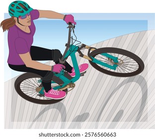 bmx motocross extreme sport, mountain trials female cyclist riding along a steep wooden bank with a sky background