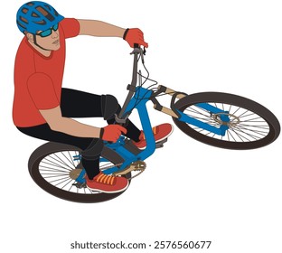 bmx motocross extreme sport, mountain trials male cyclist riding at an upward incline isolated on a white background