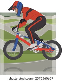 bmx motocross extreme sport, racing male cyclist air borne on single-lap circuit with track in the background