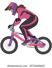 bmx motocross extreme sport, racing female cyclist isolated on a white background