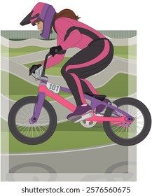 bmx motocross extreme sport, racing female cyclist air borne on single-lap circuit with track in the background