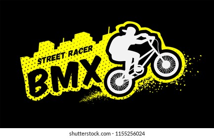 Bmx racer, emblem in grunge style on a dark background.