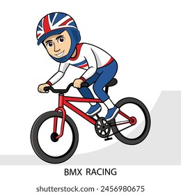 BMX racing athlete isolated on white background in cartoon style. Summer Games 2024. Vector illustration.