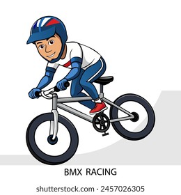 BMX racing athlete isolated on white background in cartoon style. Summer Games 2024. Vector illustration.