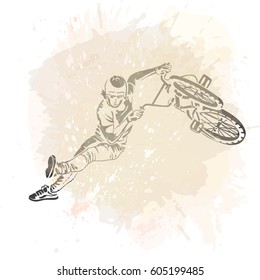 Bmx rider jumping on a artistic abstract background. Handcrafted spot. Vector illustration. Good for print, web, flayer design.