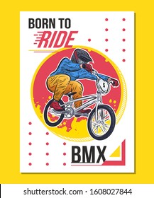 Bmx rider jumping on bike, sport themed poster with motivational quote. Modern design vector illustration