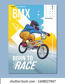 Bmx rider jumping on bike, sport themed poster with motivational quote. Modern design vector illustration