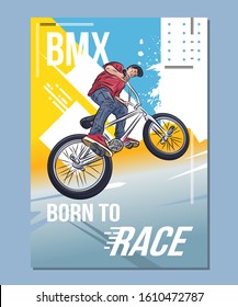 Bmx rider jumping on bike, sport themed poster with motivational quote. Modern design vector illustration