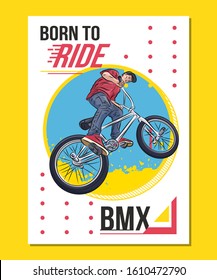 Bmx rider jumping on bike, sport themed poster with motivational quote. Modern design vector illustration