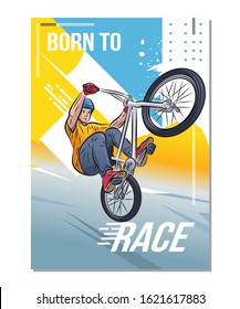 Bmx rider jumping on bike, sport themed poster. Modern design vector illustration